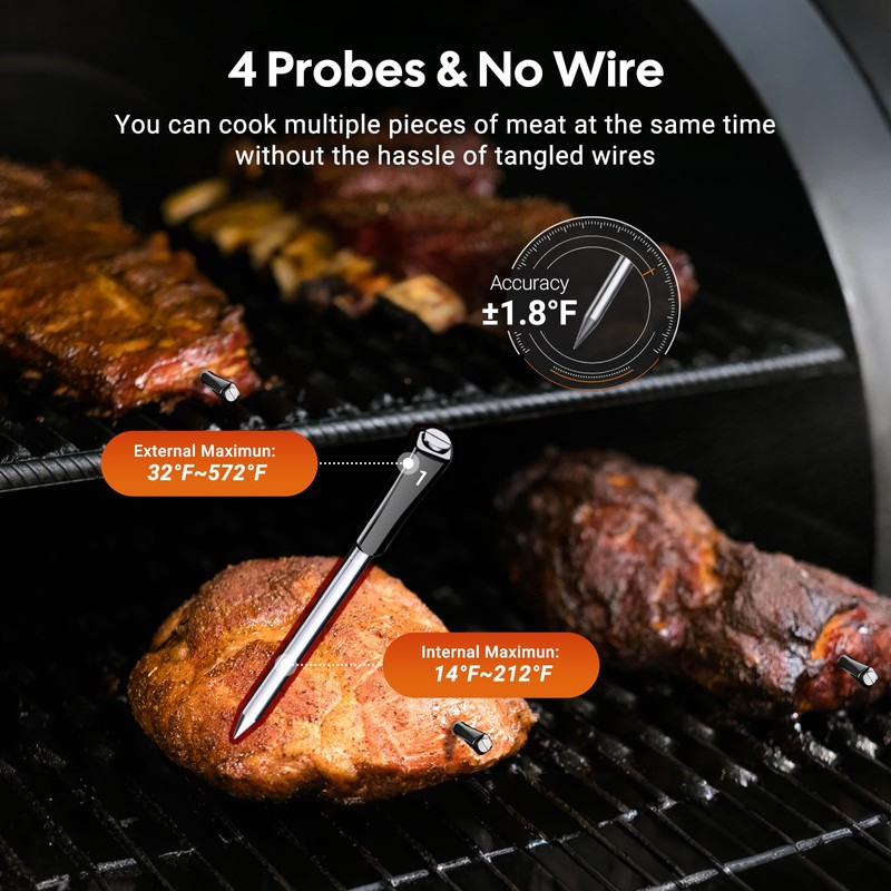 Wireless Meat Thermometer Digital with 4 Probes, Food Kitchen Thermometer