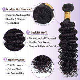DSEKCAIN Deep Wave Human Hair Bundles 18 20 22 Inch Deep Curly Bundle Only 100% Real Human Hair Natural Black Color 1B Double Machine Weft For Quick Weave