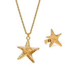 Lyfange Starfish Necklace for Women Unique Starfish Statement Ring Dainty Swirl Summer Beach Pendant Necklace Adjustable Open Ocean Sea Wrap Finger Rings Trendy Charm Jewelry