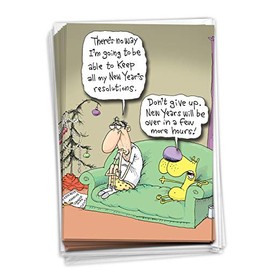 NobleWorks - Pack of 12 Hilarious New Year Greeting Cards with Envelopes (4.63 x 6.75 Inch) - Funny Greeting Cards for NYE by Mccoy - Cartoon Comic, Boxed Notecards - Keeping Resolutions B1496