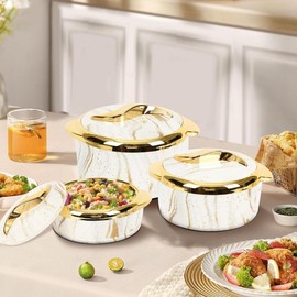 Marble Pattern Food Warmer Set, 3 Counts/set Stainless Steel Insulated Casserole Dish Set with Lid, Serving Bowl for Buffets - Specification: 1.5L & 2L & 2.5L, Color: Yellow