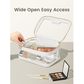 ROWNYEON Clear Makeup Bag,PVC Clear Toiletry Bag For Women,Waterproof Faux Leather Travel Makeup Bag with Handle Large Opening & Gold Zippers,Car Essentials for Women Gift