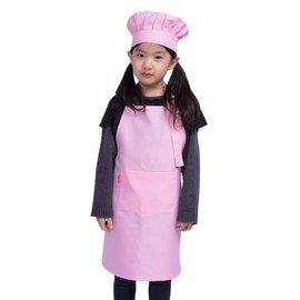 ALIPOBO Kids Apron and Chef Hat Set, Children's Adjustable Bib Apron with 2 Pockets. Cute Boys Girls Kitchen Apron for Cooking, Baking, Painting, Training Wear (2-5 Year, Pink)