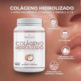 NUTRESANA Colágeno Hidrolizado Sabor Coco | Con Ácido Hialurónico, Vitaminas C y E, Omega 3, 6 y 9 | Suplemento Alimenticio en Polvo | 500 g