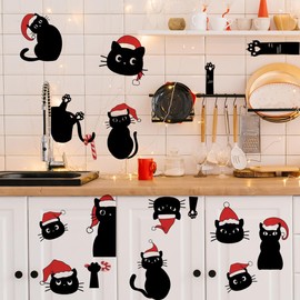 Christmas Cat Wall Decals Christmas Fireplace Christmas Black Cat Wall Stickers Removable Christmas Window Decal Sticker Decor for Christmas Holiday Living Room Bedroom Decorations