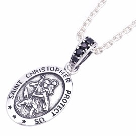 Truelements Silver 925 Miraculous Medal Saint Christopher Necklace, Saint Christopher's Miraculous Medal Pendant, Black, Zirconia (TESV-0274), Sterling Silver, Zirconia