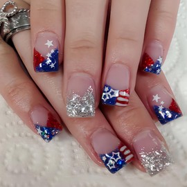 24Pcs Independence Day Press on Nails Short Square Fake Nails Glitter French Tip Press ons USA Flag Star Patriotic False Nails 4th of July Artificial Acrylic Nails for Independence Day Nails Decor