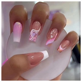 Long Press on Nails,Ombre Pink Fake/False Nails with Colorful Wavy Glitter Powder Designs Glue on Nails White French Tip Acrylic Artificial Nails Stick on Nails For Women Girls 24Pcs