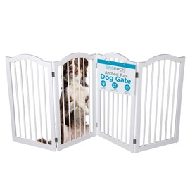 INTERNET'S BEST Arched Top Dog Gate | 4 Panel, 36" H Wooden Pet Barrier for Dogs or Cats | Freestanding Folding Room Divider for Doorways, Hallways, Stairs, and Porch | Portable, Extra Wide | White