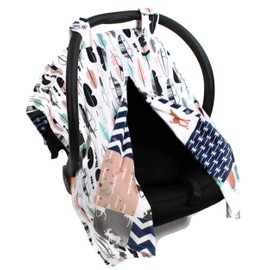 Dear Baby Gear Deluxe Reversible Car Seat Canopy, Custom Minky Print, Woodland Deer Quilt Feathers Pink Mint