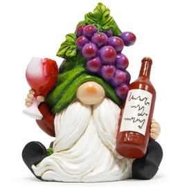 Hodao Charming Gnome Indoor Home Decor with Grapevine Hat Holding Wine Bottle and Glass - Ideal Grape and Wine Gnome-Themed Decorations for Enthusiasts