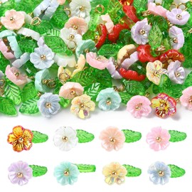 Stiesy 80Pcs 8 Colors Resin Flower Charms Small Flower Pendants Floral with Green Leaf Charms Bulk for Jewellery Bracelet Making Crafting DIY Necklace