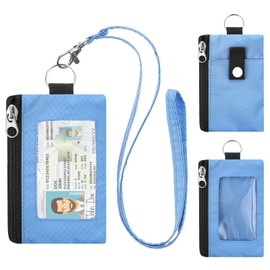 SUNDEE Minimalist Small Wallet with Lanyard, Waterproof ID Case with 2 Zipper Pockets and Key Chain for Men and Women, Tactical Badge Pouch Cards Holder, Coin Purse for Travel Sports-LightBlue