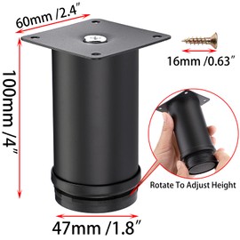 IGNPION 4Pcs 4” Metal Adjustable Furniture Feet, Round Heavy Duty Sofa Furniture Cabinet Riser DIY Furniture Replacement Legs for TV Cabinet Ottoman Sofa Cupboard, Black