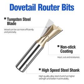 HUHAO Dovetail Router Bit 1/2" Shank 7/8" Dia Tungsten Carbide 14.5 Degree Dovetail Joint Joinery Bit Half-Blind Through Dovetail Bits for Drawer Cabinet Box Joints Making Woodworking