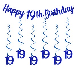 bng-bng 19th Birthday Party Decorations Boys Blue with Happy 19th Birthday Bunting Banner Hanging Swirls Streamers 19 Banner for Boy men Adult 19 Years Old Birthday Anniversary Party Decor