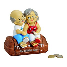 Money Box Pensioner Couple on Suitcase Piggy Bank Travel Fund Retirement Finally Retirement Figure