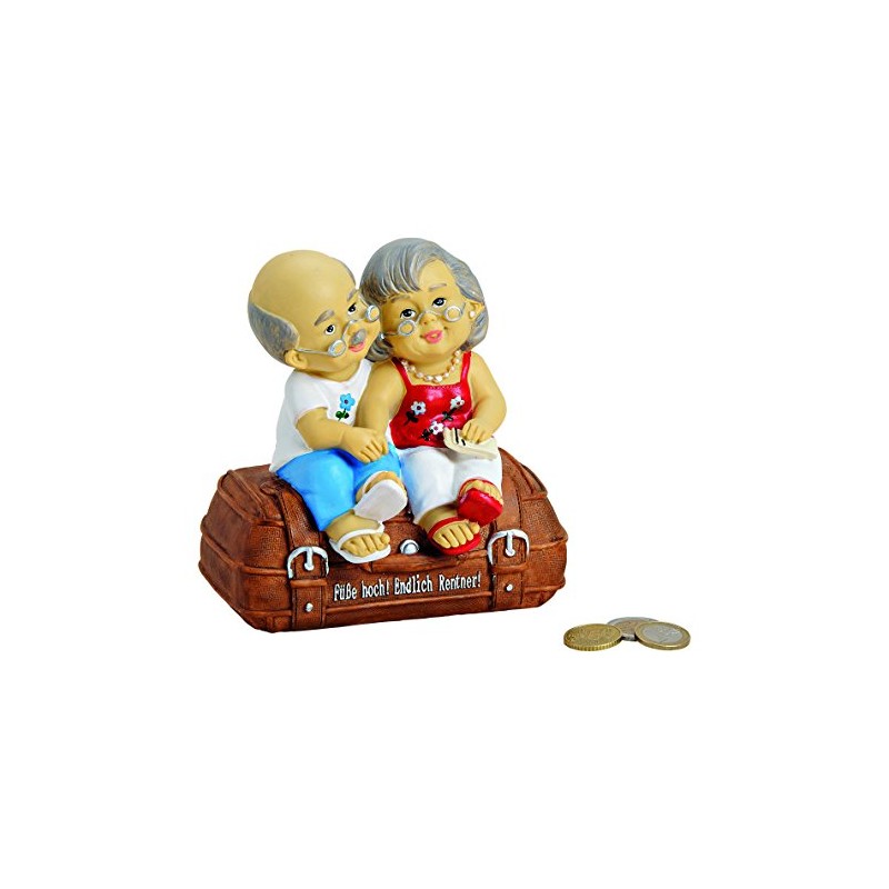 Money Box Pensioner Couple on Suitcase Piggy Bank Travel Fund