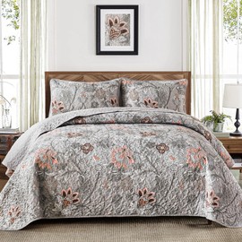 WONGS BEDDING WONGS BEDDING Floral Quilt Set Queen Size, Grey Botanical Queen Bedspread Bedding Sets Soft Lightweight Microfiber Flower Gray Coverlet Set 3 Pieces for All Season (96"x90")