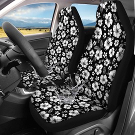 Jodoolang Black Hibiscus Floral Automobile Seat Cover Sets, Breathable Car Accessories for Women Men Set of 2 Pack, Auto Interior Decoration