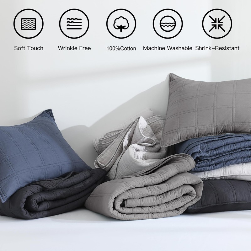 HORIMOTE HOME 100% Cotton Quilt Set King Size, Grey Pre-Washed