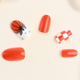 BFY Fall Press on Nails Medium Almond Fake Nails, Orange Red Pumpkin Acrylic Nails, Natural Fit Glossy Gel Manicure Stick on Nails with Glue, Thanksgiving False Nails Kit 12Sizes 24Pcs