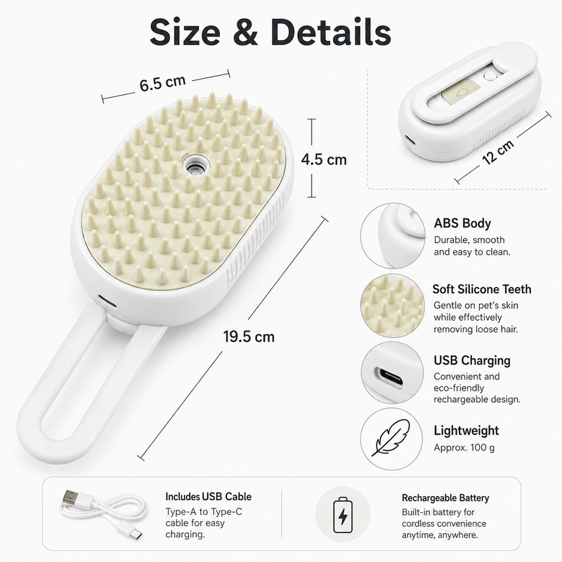 4-in-1 Pet Mist Grooming Brush – Rechargeable Spray Comb for