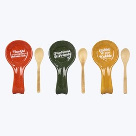 Young's Inc. Ceramic Spoon Rest for Stove Top with Thanksgiving Dish Towels, Festive Kitchenware, Fall Design Cooking Utensils, Spoon Holder for Kitchen Counter with Tea Towel Set, 3 Ast.