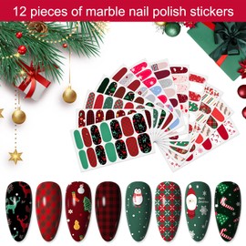 YECIRALA 12 Sheets Christmas Nail Polish Stickers Full Nail Wraps for Christmas Day Nail Art Accessory Self Adhesive Nail Christmas Stickers for Nails Polish Strips Christmas Father Tree Nail Strips