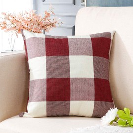 Artscope Buffalo Check Plaid Throw Pillow Covers Farmhouse Decorative Square Pillowcase, Classic Retro Checkers Cushion Covers for Sofa Bedroom Car 24 x 24 Inch, White and Red