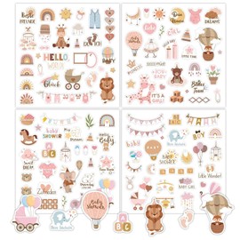 4 Sheets of Stickers Baby Album, 204 Pieces A4 Stickers Baby Scrapbooking Girls and Boys, Stickers for Children and Baby Photo Albums, for Photo Album, Calendar, Notebook, Baby Shower Decoration