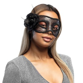 Black Lace Venetian Mask with Rose for Women