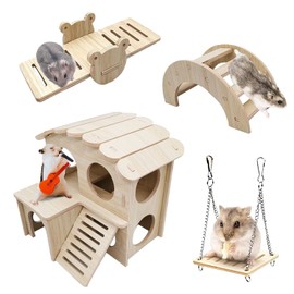Eyksta 4 Pieces Hamster Toys, Including Wooden Hamster House Seesaw Bridge and Swing, Boredom Breaker Activity Toys for Gerbil Guinea pig Syrian Hamster Dwarf Hamster
