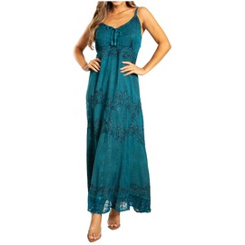 Sakkas Stonewashed Rayon Embroidered Adjustable Spaghetti Straps Long Dress - Steel Blue - 1X/2X
