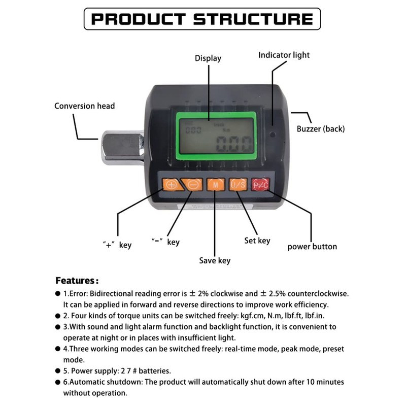 ANC-200 Digital Wrench Torque Meter Adjustable Large Screen Display High