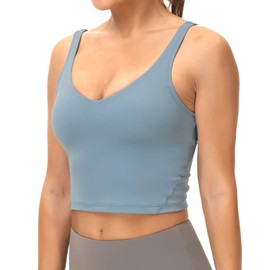 Dragon Fit Sports Bra for Women Longline Padded Yoga Bra Medium Impact Crop Tank Tops for Workout,Fitness,Running Demin Blue