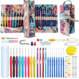 JOZEA Crochet Kits, Cylindrical Shape Crochet Hooks Set, Colorful Ergonomic Handles Crochet Hooks in Various Sizes, Accessories Kit Crochet Hooks, with Portable Organizer Bag, Pink Maple Leaf