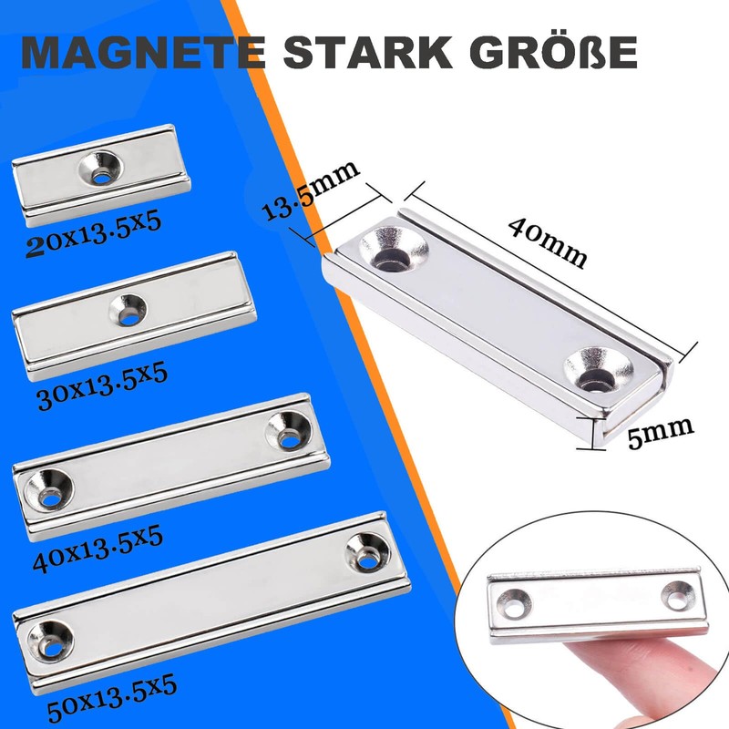 10pcs Magnets Bar with Holes, 20Kg+ Pulling 40x13.5x5mm Neodymium Magnets