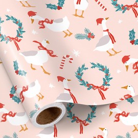 RUSPEPA Christmas Goose Wrapping Paper Roll for Girls, Mini Roll, Santa Goose, Wreath, Candy Cane and Holly Desig, Pink Gift Wrap for Kids Holiday and Country Party, 17 Inches x 16.4 Feet