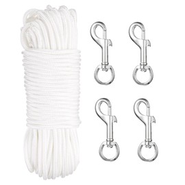 sourcing map 100Ft Flag Pole Rope Kit, Flag Pole Halyards Rope 1/4" Thick with 4 Pcs Nickel Plated Swivel Flagpoles Clips Hook(Silver), Nylon Flagpole Line Rope White