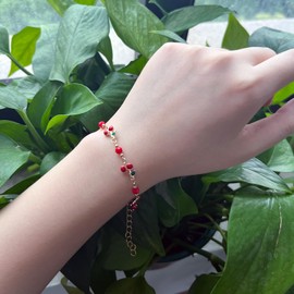 Gold Cherry Bracelet for Women Dainty Cherry Chain Bracelet Colorful Evil Eye Heart Link Bracelet Adjustable Summer Beach Jewelry, 7.5inch, Alloy Steel, no gemstone