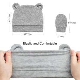 AQOKKA 4 Pcs Newborn Baby Bear Ear Hats and Mittens Set Infant Cotton Beanie Caps No Scratch Gloves Newborn Hospital Hat for Baby Boy Girl 0-3 Months