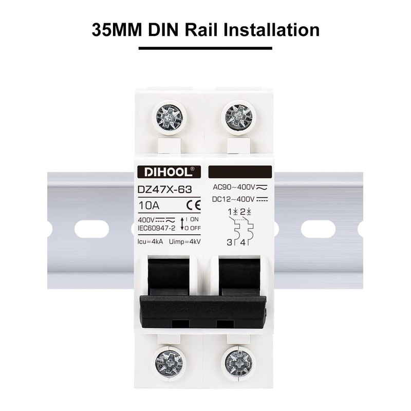 DIHOOL Solar Disconnect Switch,10 Amp 2 Pole,Non Polarized,12V/24V/48V/110V/220V/400V,AC/DC Circuit Breaker,DIN