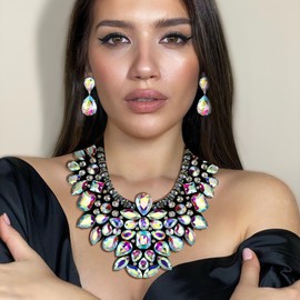 Ever Faith Costume Jewelry for Women, Iridescent Clear AB Rhinestone Crystal Chunky Collar Statement Necklace Earrings Set