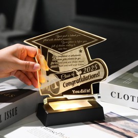 YWHL Graduation Gifts for Her Him 2025, Inspirational Gifts Idea for Women Men, Glass Graduation Plaque with Colorful Led Base, Graduate Keepsakes for High School College PHD Masters Degree