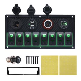 Geloo 8 Gang Marine Rocker Switch Panel, Boat Switch Panel Waterproof, 12V Switch Panel Toggle Switches Panel with LED Circuit Breaker 3.1A USB Charger Voltmeter ON/Off for Car Rvs Vehicles (Green