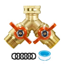 IPOW Upgrade Full Flow Garden Hose Splitter with Stainless Steel Handle, Brass Heavy Duty 2 Way Y Valve Garden Hose Splitter High Flow Spigot Splitter + 6 Rubber Hose Washers with Comfort Grip Use