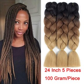 Ombre Braiding Hair Synthetic Jumbo Braiding Hair Extensions 24 inch High Temperature Heat Resistant Fiber Braids Hair for Afro Twist Crochet Hair Weave (3 Pieces, Black/Dark Brown/Light Brown)