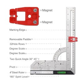 P.I.T. 12" Carpenter's Square with Bubble Level/Stainless Ruler, Stainless Steel Rafter Square for Angle/Measuring Marks and Drawing, Woodworking Tools,Multi-Purpose Square Tool
