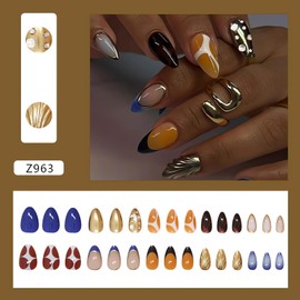 LPOODDNU French Stereoscopic Press on Nails Almond Shaped Autumn Winter Metallic Effect Fake Nails Medium Length Glue on Nails Multicolored 3D Handmade Acrylic Nails Cute Stick on Nails for Women